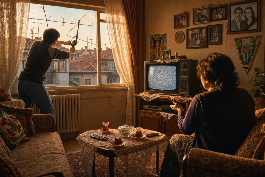 Eski bir ev salonunda tüplü televizyonun görüntüsü karıncalı. Bir kişi pencere yanında anten yönünü ayarlıyor, içeride biri ekrana bakarak işaret veriyor. Çatı anteni, apartman ve akşamüstü ışığı hissiyle 80’ler 90’lar televizyon deneyimini anlatan nostaljik sahne.