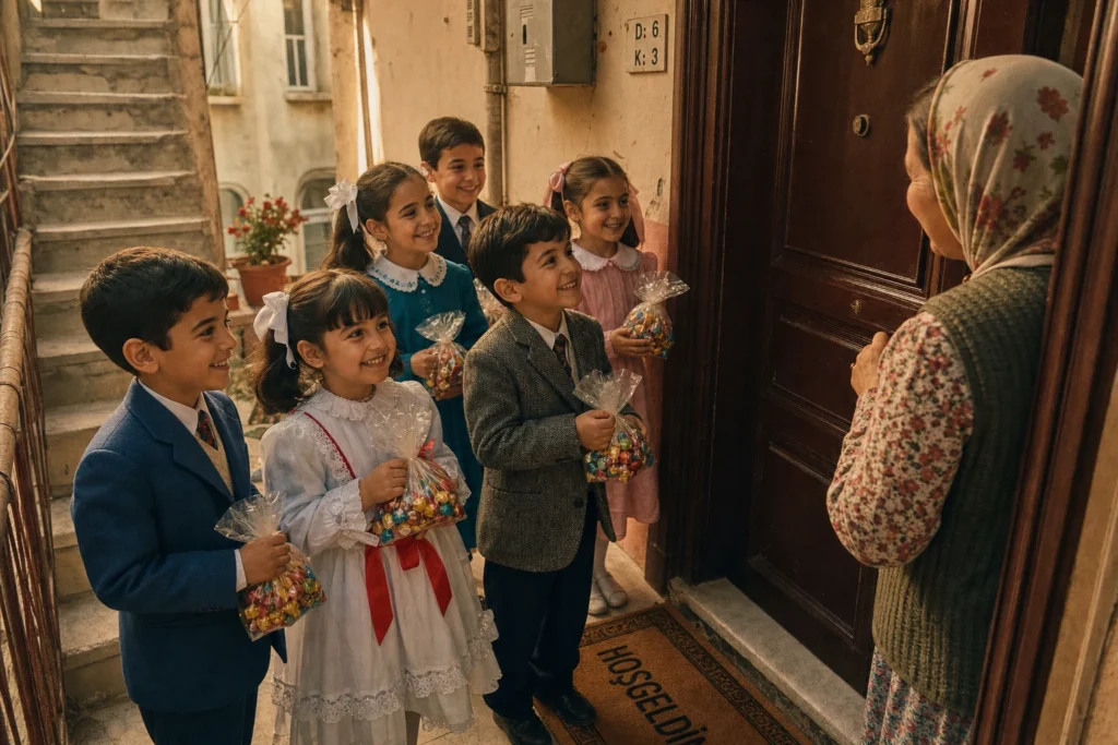 Bayram sabahı eski bir apartman kapısında çocuklar şeker torbalarıyla bekliyor. Büyüklerin el öpme anı doğrudan gösterilmeden, kapı önü sıcaklığı, temiz kıyafetler, renkli şekerler ve mahalle neşesi vurgulanıyor. Nostaljik, sıcak, aile dostu illüstrasyon.