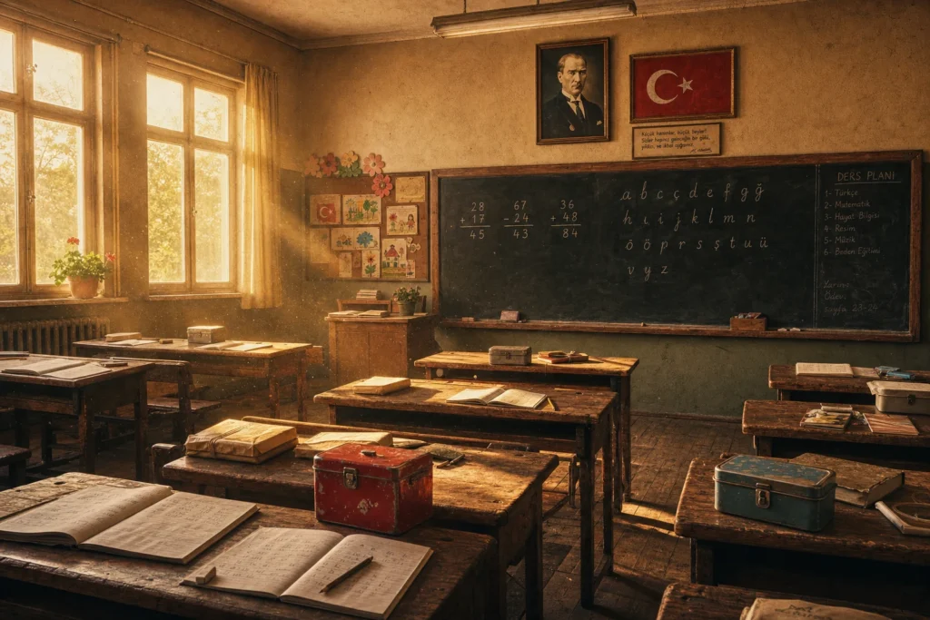 Eski bir ilkokul koridorunda siyah önlüklü, beyaz yakalı çocuklar zilin çalmasını bekliyor. Çantalarda beslenme kutuları, duvarda sınıf panosu, havada hafif tebeşir tozu hissi var. Duygusal ama sade bir 80’ler 90’lar okul anısı atmosferi.