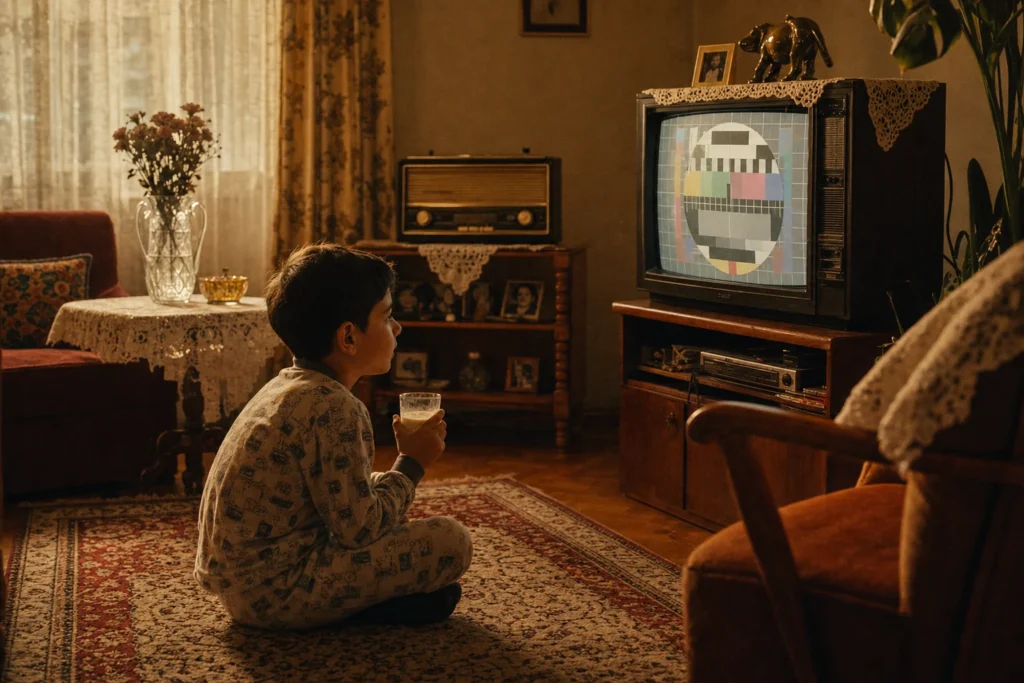 Eski bir apartman salonunda, tüplü televizyonun karşısında yerde oturan bir çocuk. Televizyonda yayın başlamamış gibi soluk bir ekran var. Perdeden sabah ışığı giriyor, odada sade mobilyalar ve nostaljik ev eşyaları bulunuyor. Türkiye’de 80’ler ve 90’lar çocukluğunu anlatan sıcak, sinematik, yarı gerçekçi illüstrasyon.